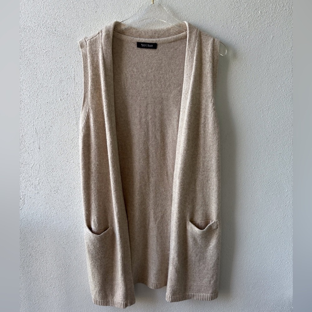 White House Black Market Open Cardigan with Pockets Sweater Vest Tan Cotton/Wool